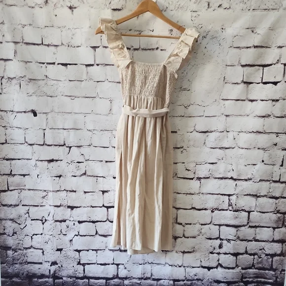CupShe Beige Smocked Ruffle Midi Dress - Sz S belted dress - EUC! - Picture 7 of 13
